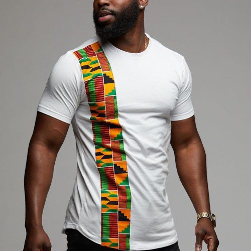 men s tops sadik african print short sleeve tee yellow green kente on white 2